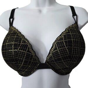 Victoria Secret Push Up Bra 38D 38 D Padded Underwire Black Gold Plaid Holiday